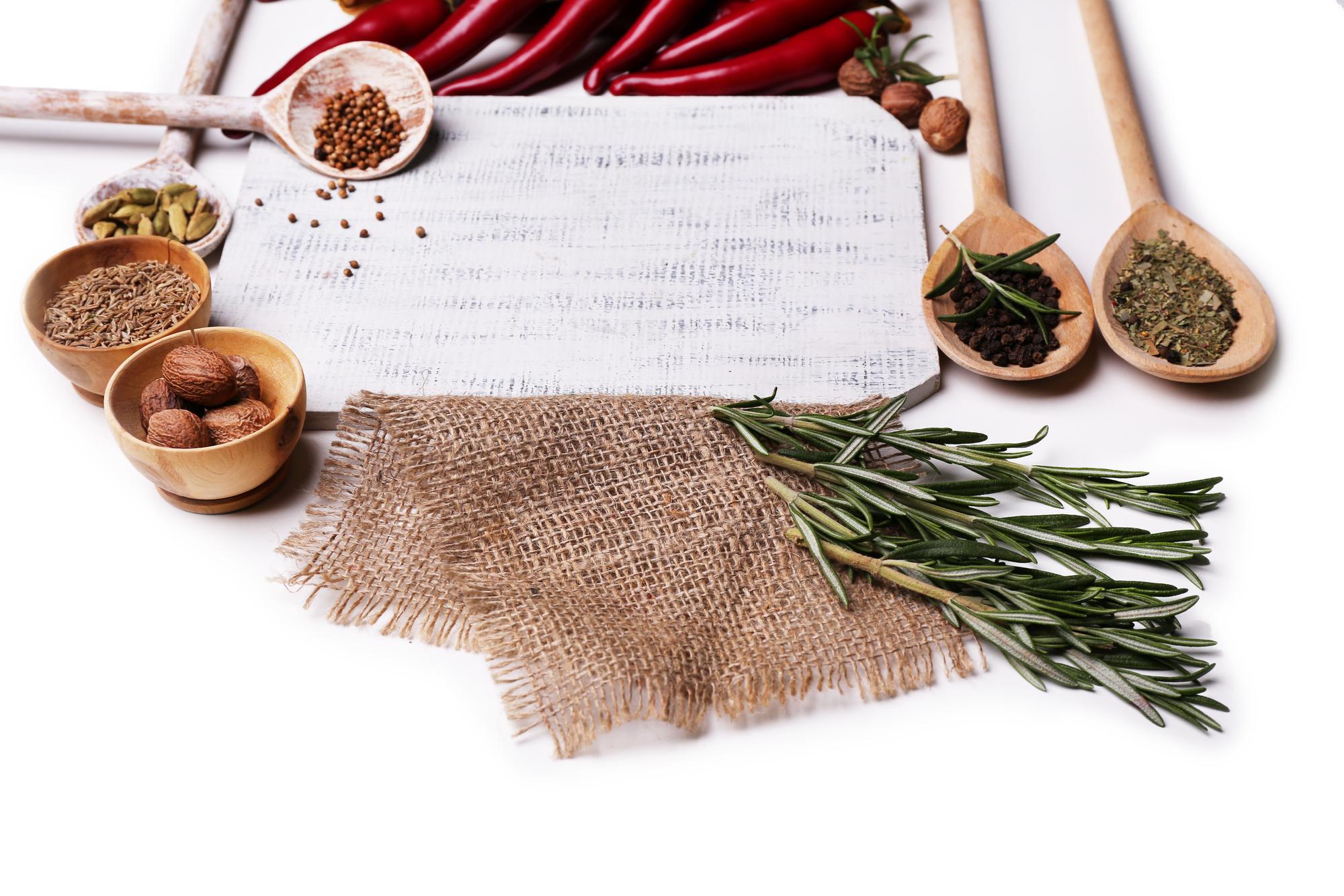 Closeup of spices and recipe notes